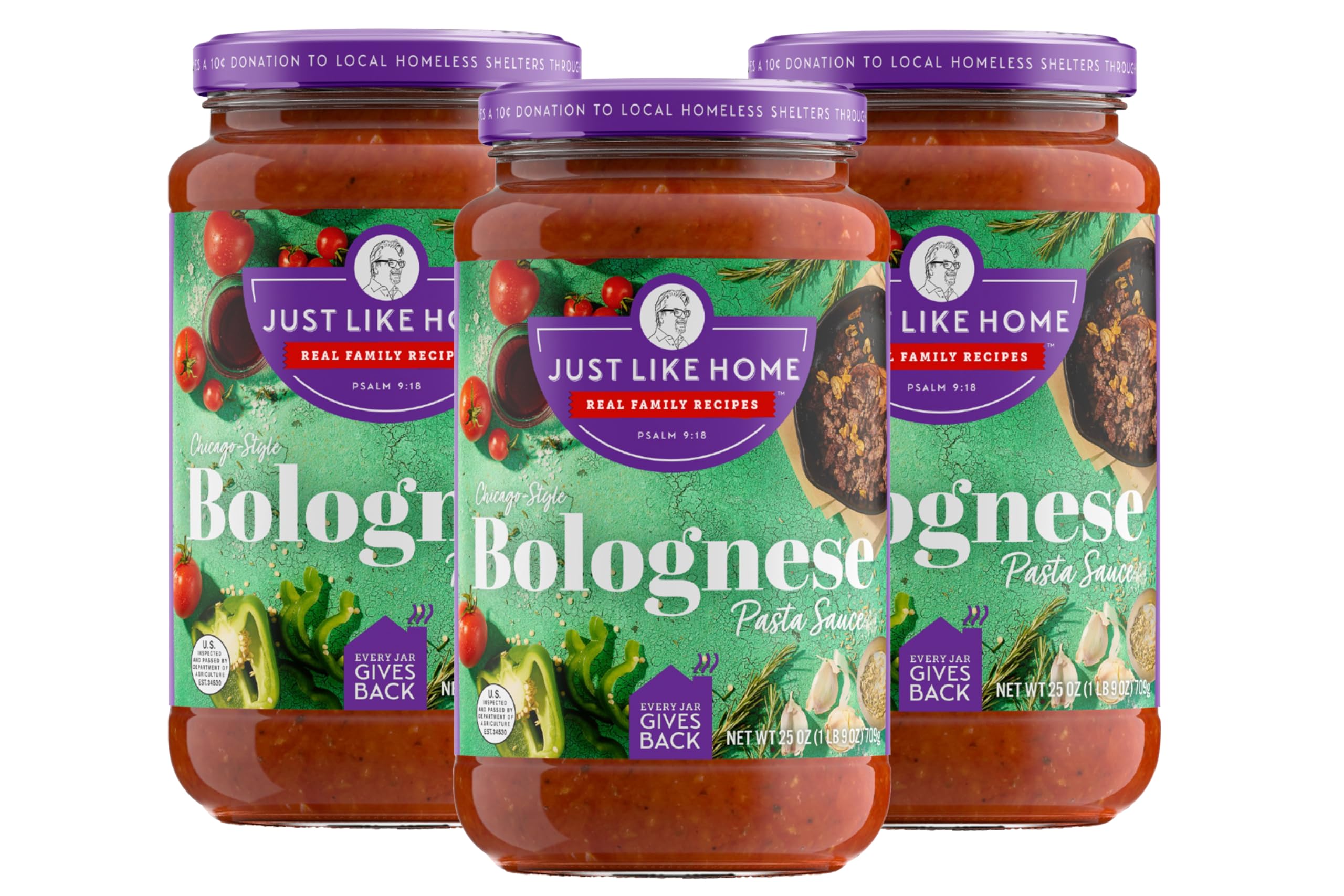 Three jars of Bolognese pasta sauce with tomatoes and vegetables on label