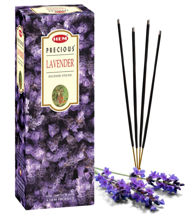 Box of lavender incense sticks with lavender sprigs and incense sticks