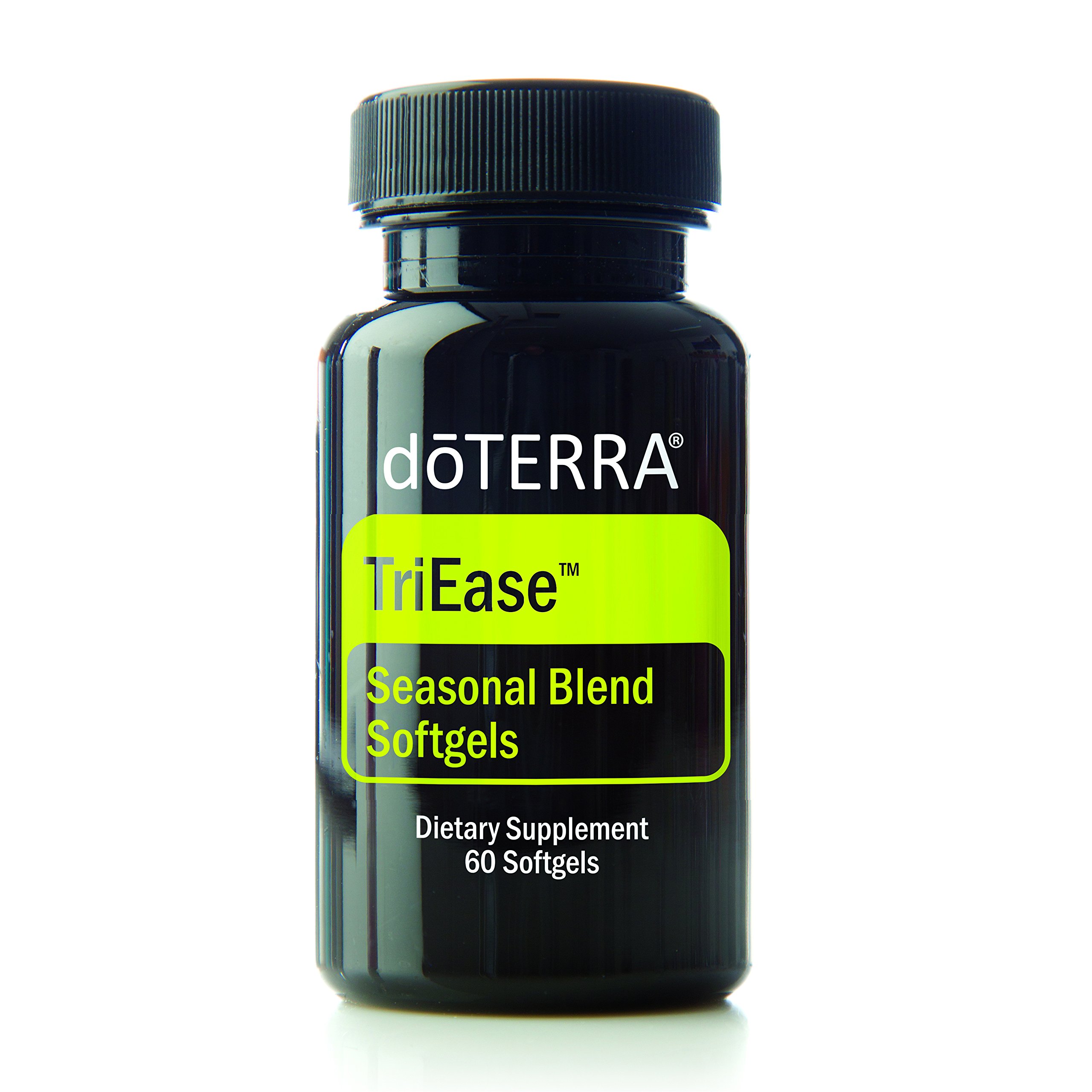 Black bottle of dōTERRA TriEase Seasonal Blend softgels dietary supplement