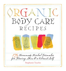 Book cover: "Organic Body Care Recipes" with colorful illustrations and text