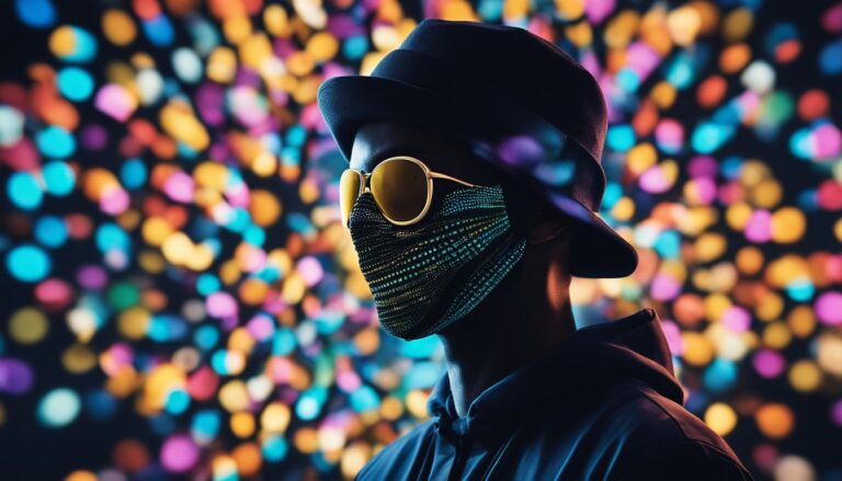 Man in hat, sunglasses, and mask against colorful bokeh background