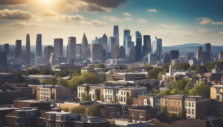 Cityscape with tall skyscrapers, residential buildings, and a sunny sky