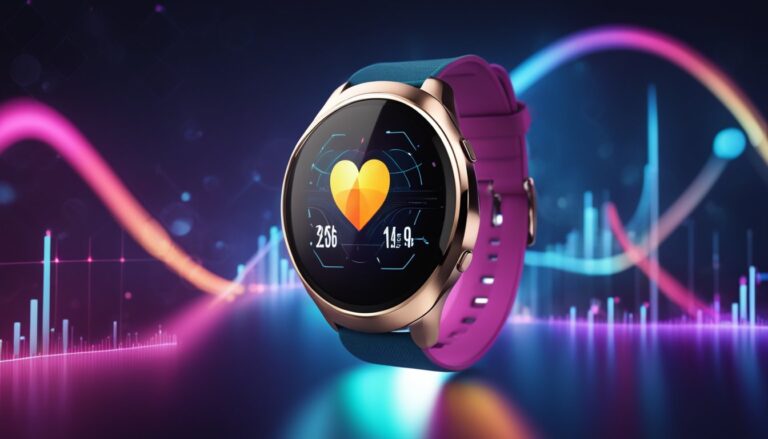 Smartwatch with heart rate monitor display, surrounded by data visualization