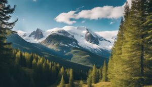 Snow-capped mountains rise above a forest of evergreen trees under a blue sky