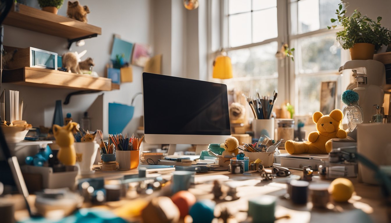 Cluttered desk with computer, pencils, and a teddy bear in a bright room