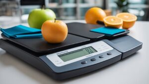 Digital kitchen scale with fruit, including an orange and apple