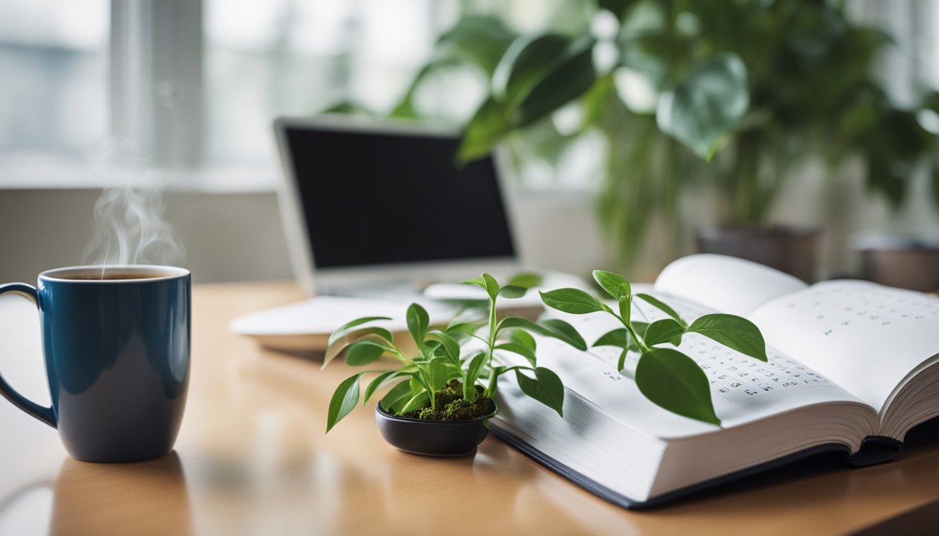 Steaming coffee mug, laptop, open book, and plants on a wooden desk