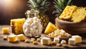 Pineapple chunks, marshmallows, and sugar cubes on a wooden surface